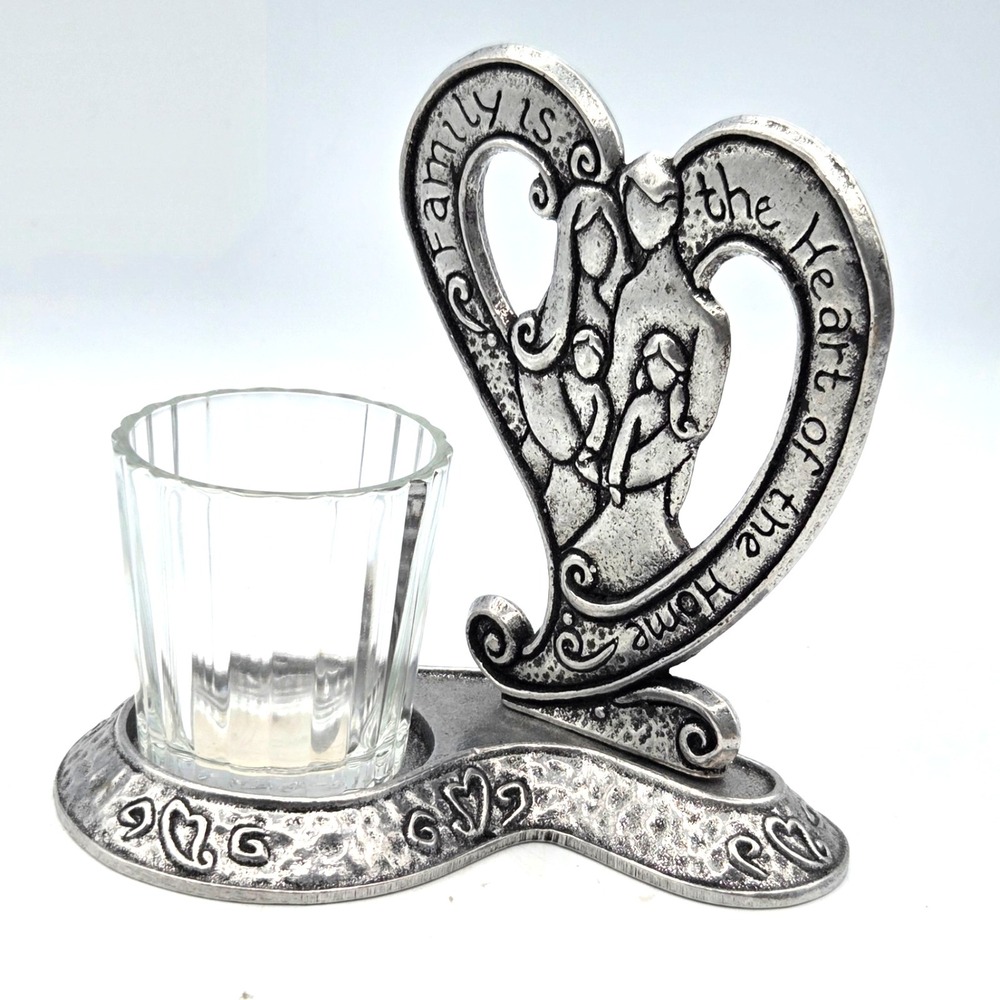 VINTAGE Metal Pewter Heart Shaped Family Tea Light Holder by Carson Statesmetal